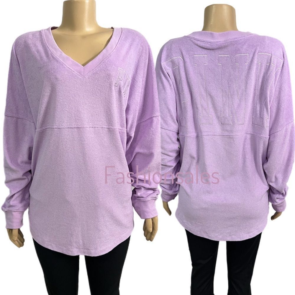 Victorias Secret Pink Varsity Terry Cloth V Neck Oversized Pullover petal purple - Picture 6 of 8